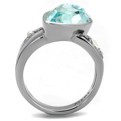 TK2502 - High polished (no plating) Stainless Steel Ring with Top Grade Crystal in Sea Blue