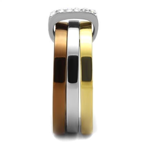 TK2600 - Three Tone IP (IP Gold & IP Light coffee & High Polished) Stainless Steel Ring with Top Grade Crystal in Clear
