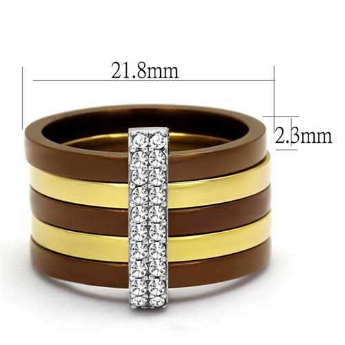 TK2601 - Three Tone IP (IP Gold & IP Light coffee & High Polished) Stainless Steel Ring with Top Grade Crystal in Clear