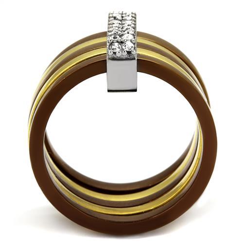 TK2601 - Three Tone IP (IP Gold & IP Light coffee & High Polished) Stainless Steel Ring with Top Grade Crystal in Clear