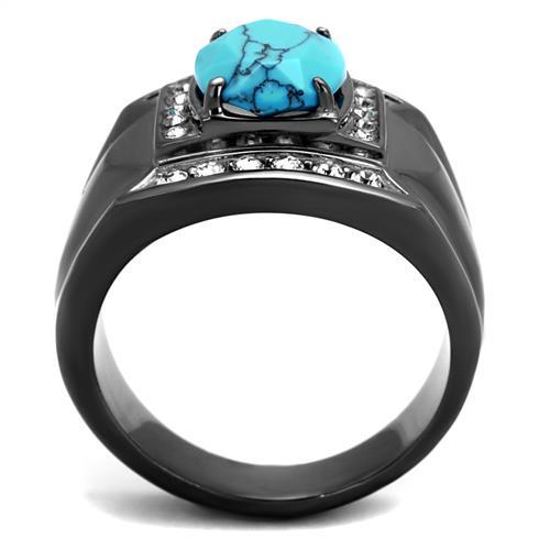 TK2662 - IP Light Black (IP Gun) Stainless Steel Ring with Synthetic Turquoise in Sea Blue