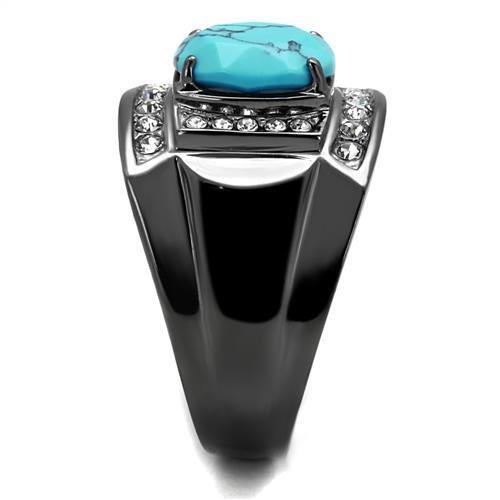 TK2662 - IP Light Black (IP Gun) Stainless Steel Ring with Synthetic Turquoise in Sea Blue
