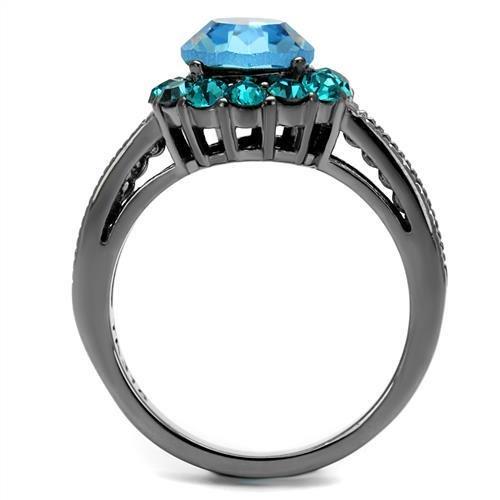 TK2716 - IP Light Black (IP Gun) Stainless Steel Ring with Top Grade Crystal in Sea Blue