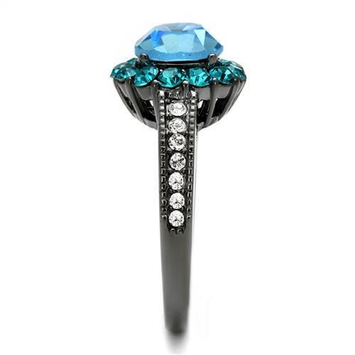 TK2716 - IP Light Black (IP Gun) Stainless Steel Ring with Top Grade Crystal in Sea Blue