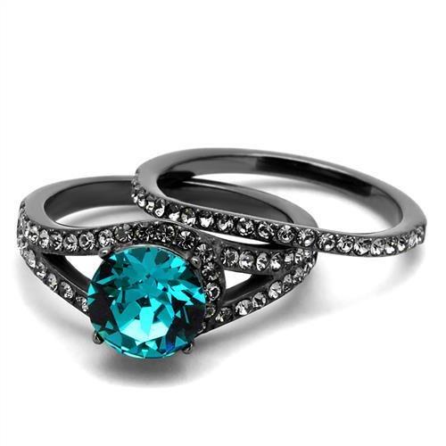 TK2744 - IP Light Black (IP Gun) Stainless Steel Ring with Top Grade Crystal in Blue Zircon