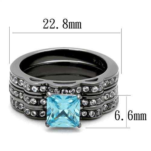 TK2748 - IP Light Black (IP Gun) Stainless Steel Ring with AAA Grade CZ in Sea Blue