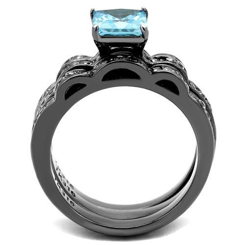 TK2748 - IP Light Black (IP Gun) Stainless Steel Ring with AAA Grade CZ in Sea Blue