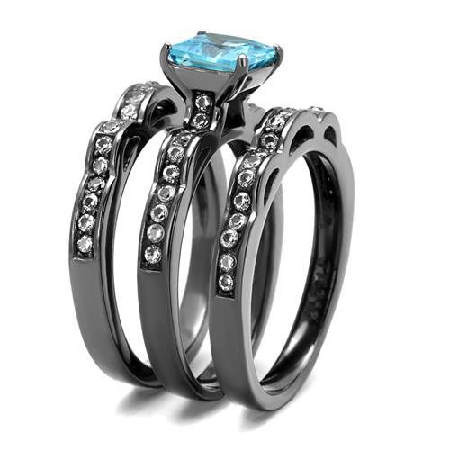 TK2748 - IP Light Black (IP Gun) Stainless Steel Ring with AAA Grade CZ in Sea Blue