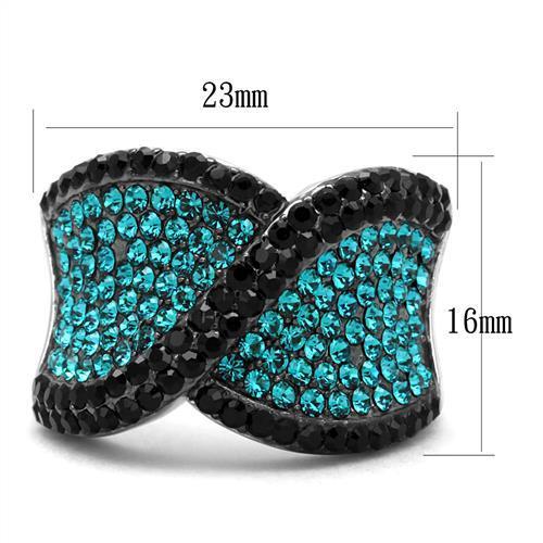 TK2764 - Two-Tone IP Black Stainless Steel Ring with Top Grade Crystal in Blue Zircon