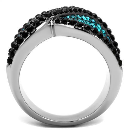 TK2764 - Two-Tone IP Black Stainless Steel Ring with Top Grade Crystal in Blue Zircon