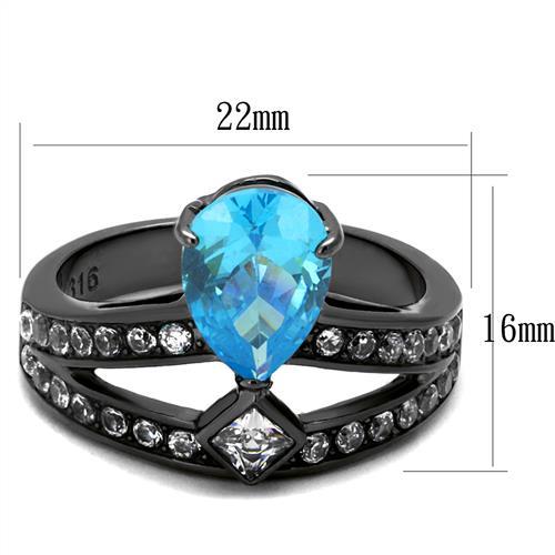 TK2775 - IP Light Black (IP Gun) Stainless Steel Ring with AAA Grade CZ in Sea Blue