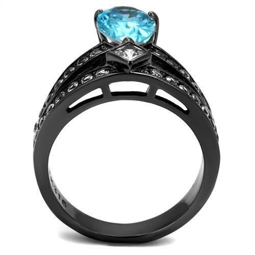 TK2775 - IP Light Black (IP Gun) Stainless Steel Ring with AAA Grade CZ in Sea Blue