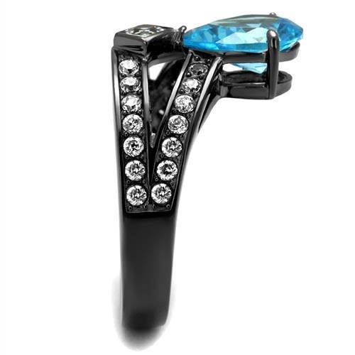 TK2775 - IP Light Black (IP Gun) Stainless Steel Ring with AAA Grade CZ in Sea Blue