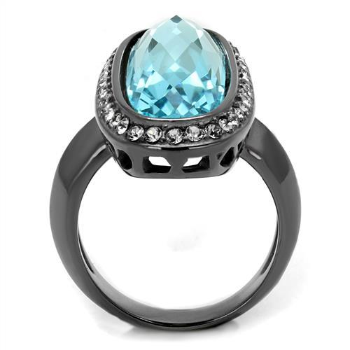 TK2804 - IP Light Black (IP Gun) Stainless Steel Ring with Top Grade Crystal in Sea Blue