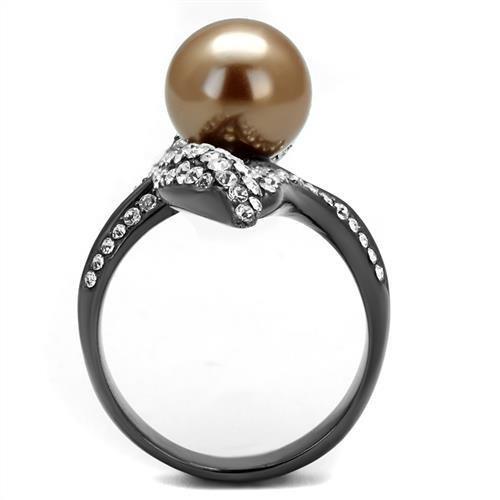 TK2834 - IP Light Black (IP Gun) Stainless Steel Ring with Synthetic Pearl in Brown