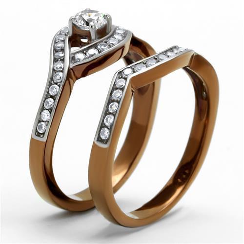 TK2953 - Two Tone IP Light Brown (IP Light coffee) Stainless Steel Ring with AAA Grade CZ in Clear