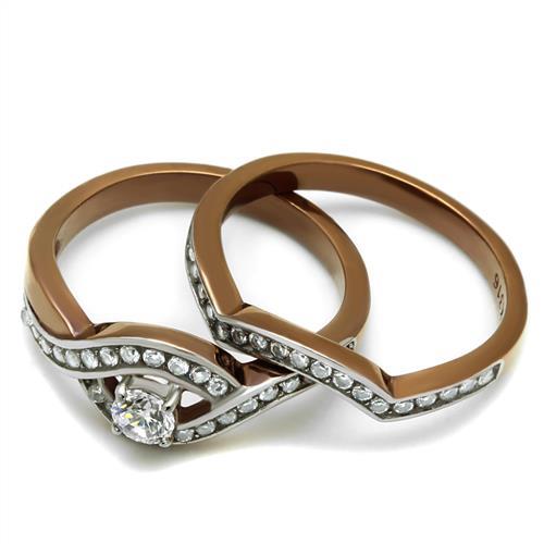 TK2953 - Two Tone IP Light Brown (IP Light coffee) Stainless Steel Ring with AAA Grade CZ in Clear