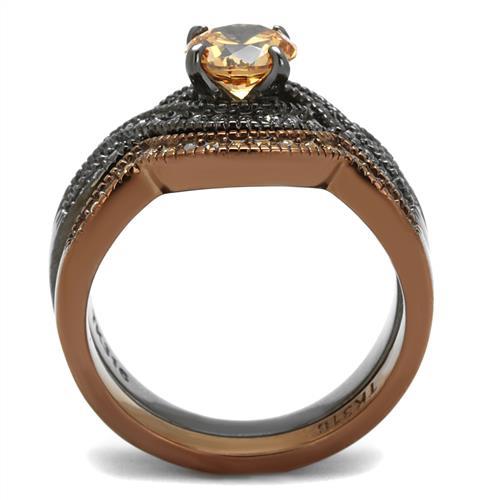 TK2957 - IP Light Black & IP Light coffee Stainless Steel Ring with AAA Grade CZ in Champagne