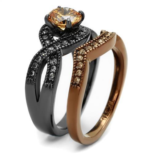 TK2957 - IP Light Black & IP Light coffee Stainless Steel Ring with AAA Grade CZ in Champagne