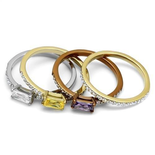 TK2960 - Three Tone IP (IP Gold & IP Light coffee & High Polished) Stainless Steel Ring with AAA Grade CZ in Multi Color