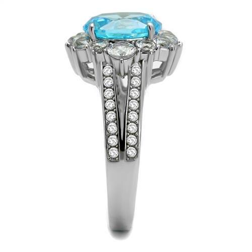 TK2977 - High polished (no plating) Stainless Steel Ring with AAA Grade CZ in Sea Blue
