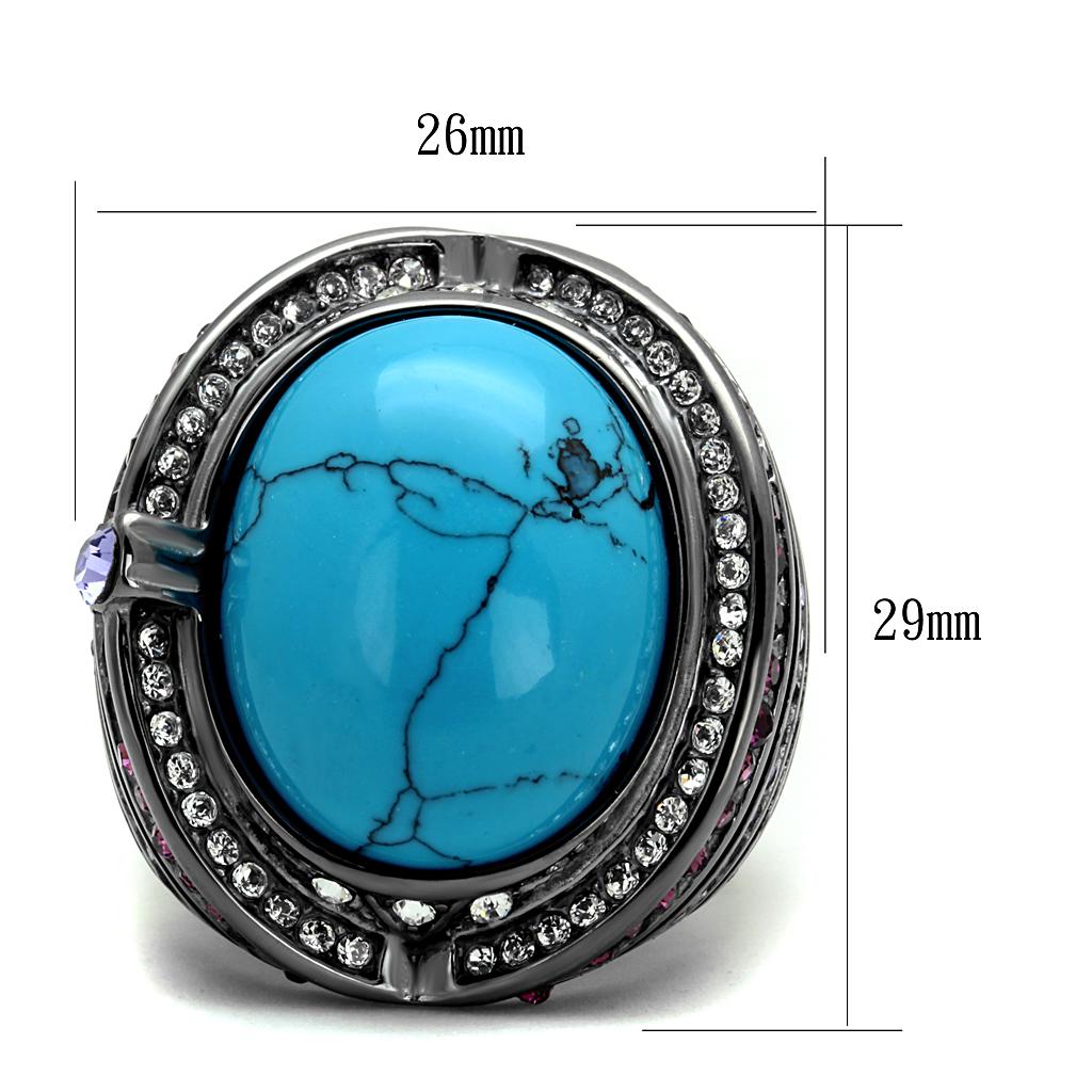 TK2983 - IP Light Black (IP Gun) Stainless Steel Ring with Synthetic Turquoise in Sea Blue