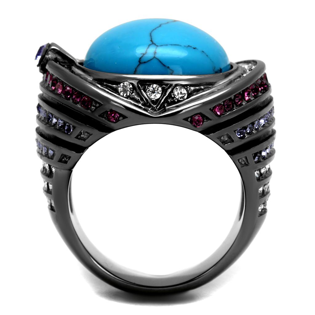 TK2983 - IP Light Black (IP Gun) Stainless Steel Ring with Synthetic Turquoise in Sea Blue