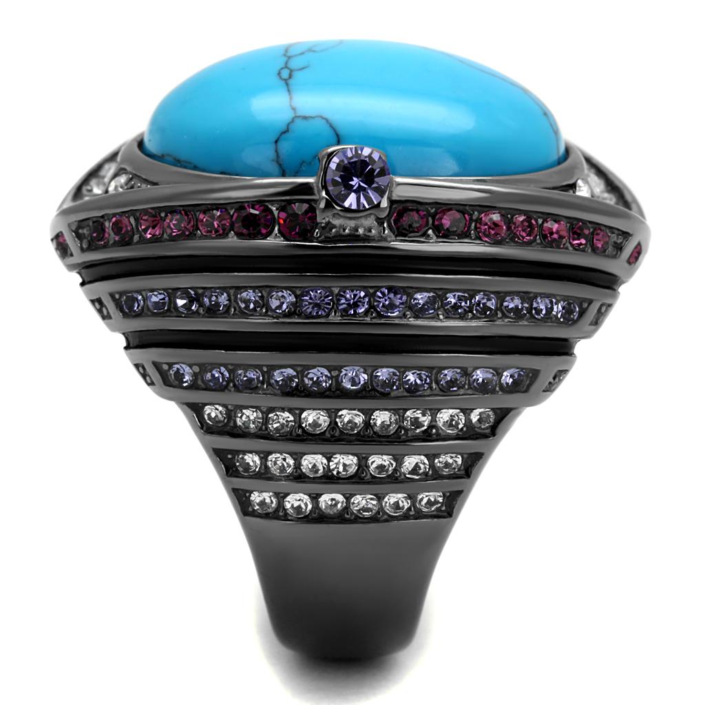 TK2983 - IP Light Black (IP Gun) Stainless Steel Ring with Synthetic Turquoise in Sea Blue