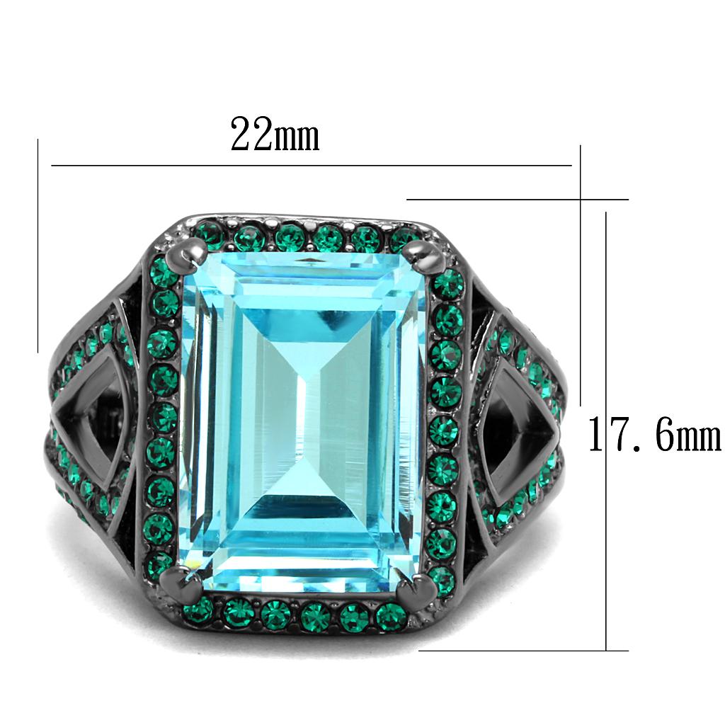 TK2988 - IP Light Black (IP Gun) Stainless Steel Ring with Top Grade Crystal in Sea Blue