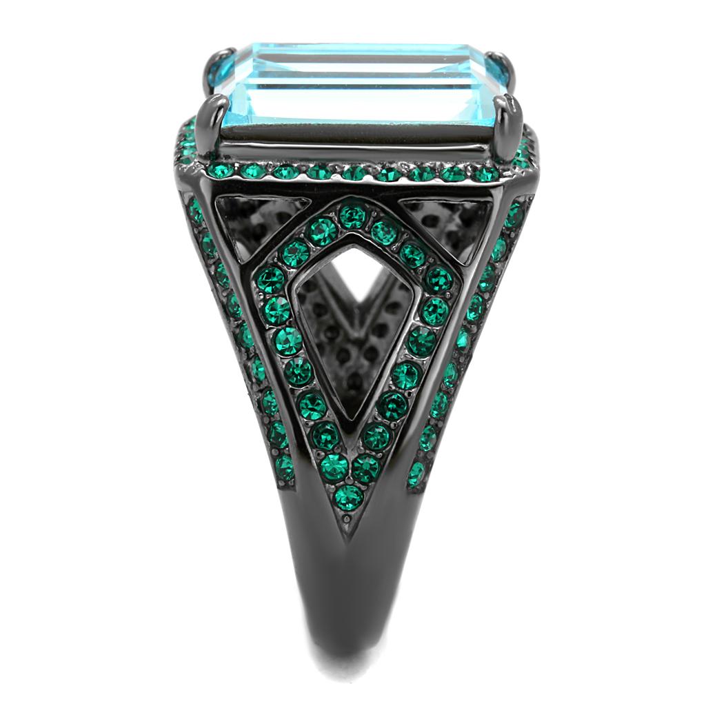 TK2988 - IP Light Black (IP Gun) Stainless Steel Ring with Top Grade Crystal in Sea Blue