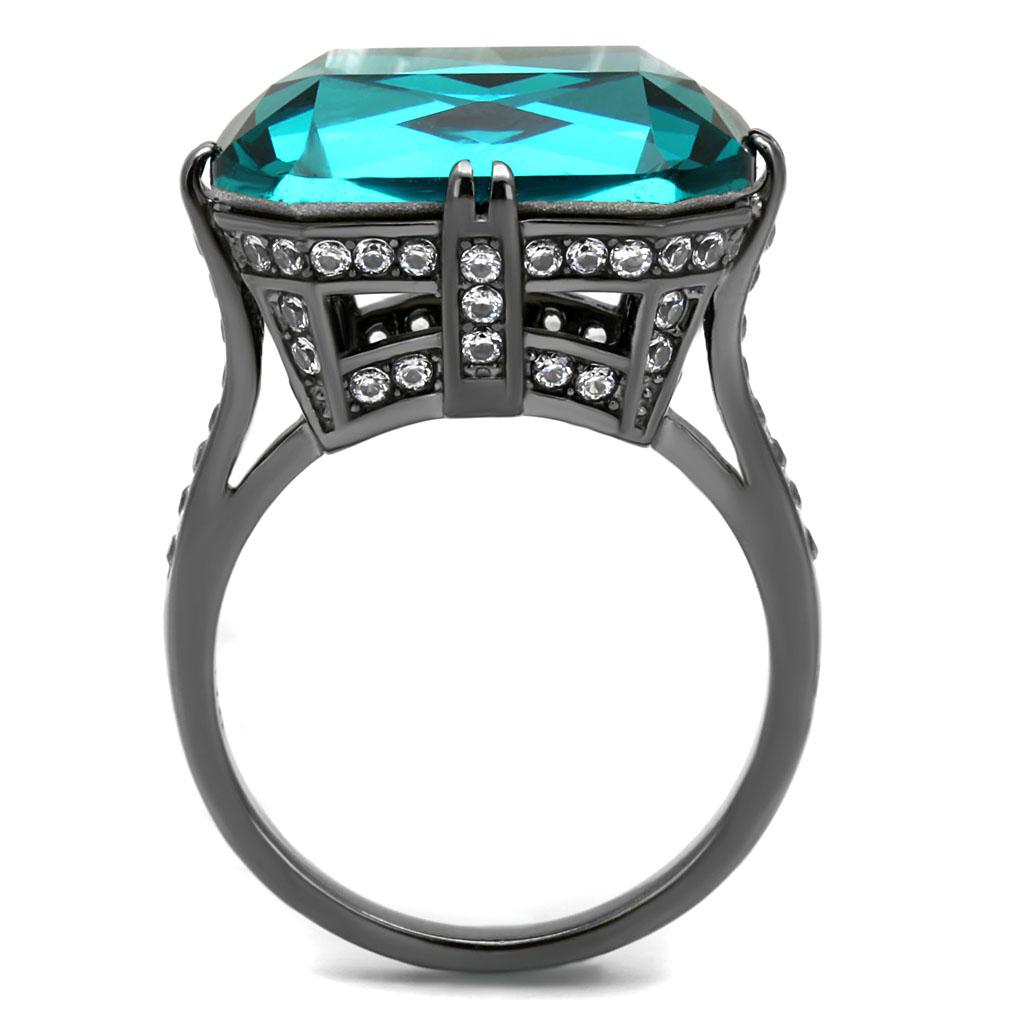 TK2998 - IP Light Black (IP Gun) Stainless Steel Ring with Top Grade Crystal in Blue Zircon