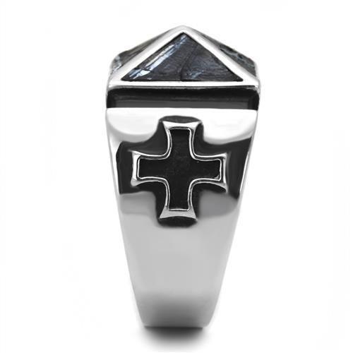 TK3075 - High polished (no plating) Stainless Steel Ring with Leather in Jet