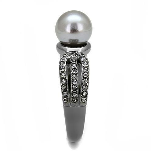 TK3170 - IP Light Black (IP Gun) Stainless Steel Ring with Synthetic Pearl in Gray