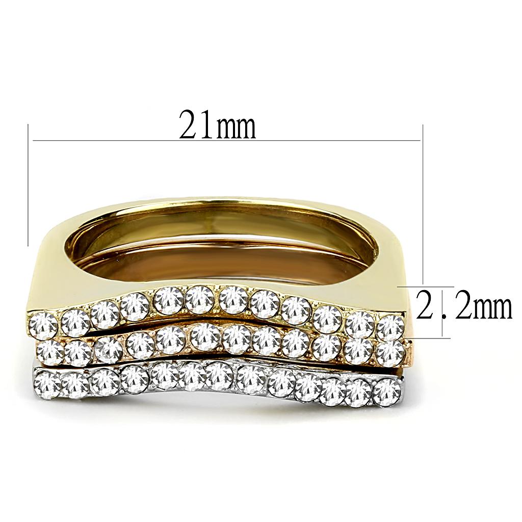 TK3234 - Three Tone IP (IP Gold & IP Rose Gold & High Polished) Stainless Steel Ring with Top Grade Crystal in Clear