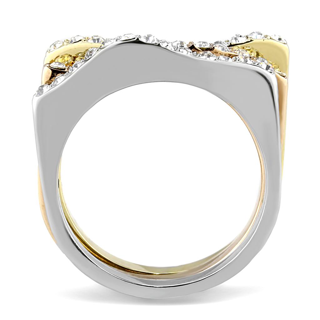 TK3234 - Three Tone IP (IP Gold & IP Rose Gold & High Polished) Stainless Steel Ring with Top Grade Crystal in Clear