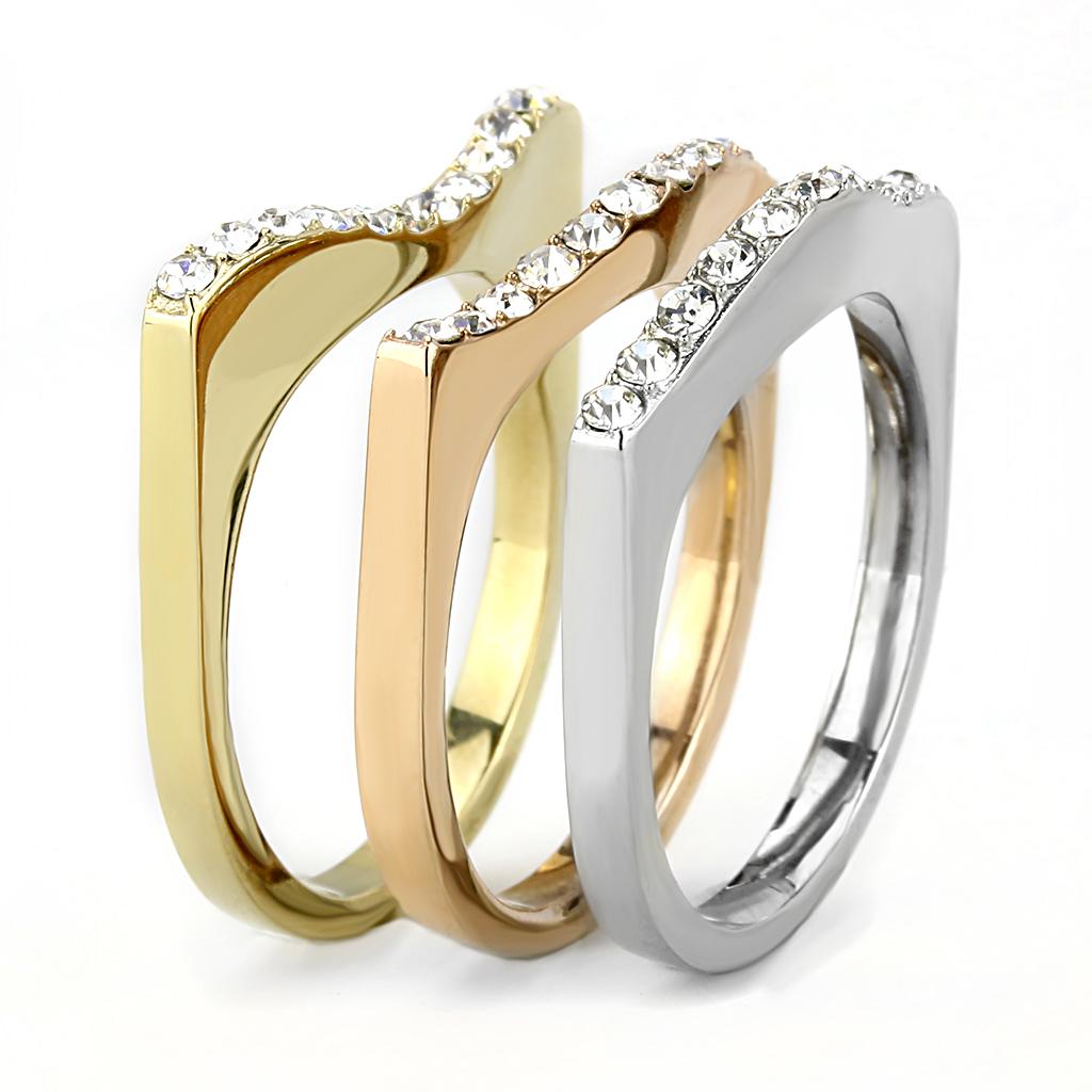 TK3234 - Three Tone IP (IP Gold & IP Rose Gold & High Polished) Stainless Steel Ring with Top Grade Crystal in Clear