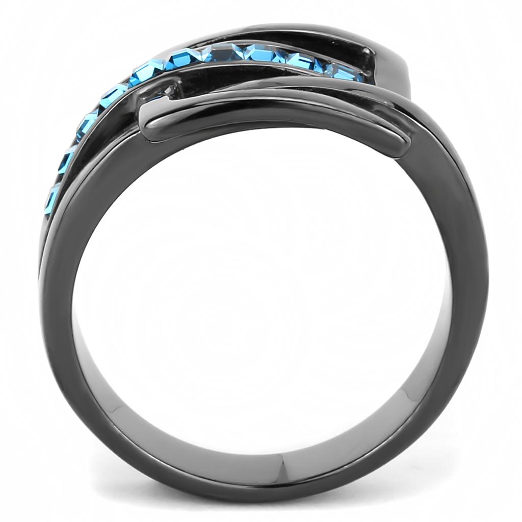 TK3451 - IP Light Black (IP Gun) Stainless Steel Ring with Top Grade Crystal in Sea Blue