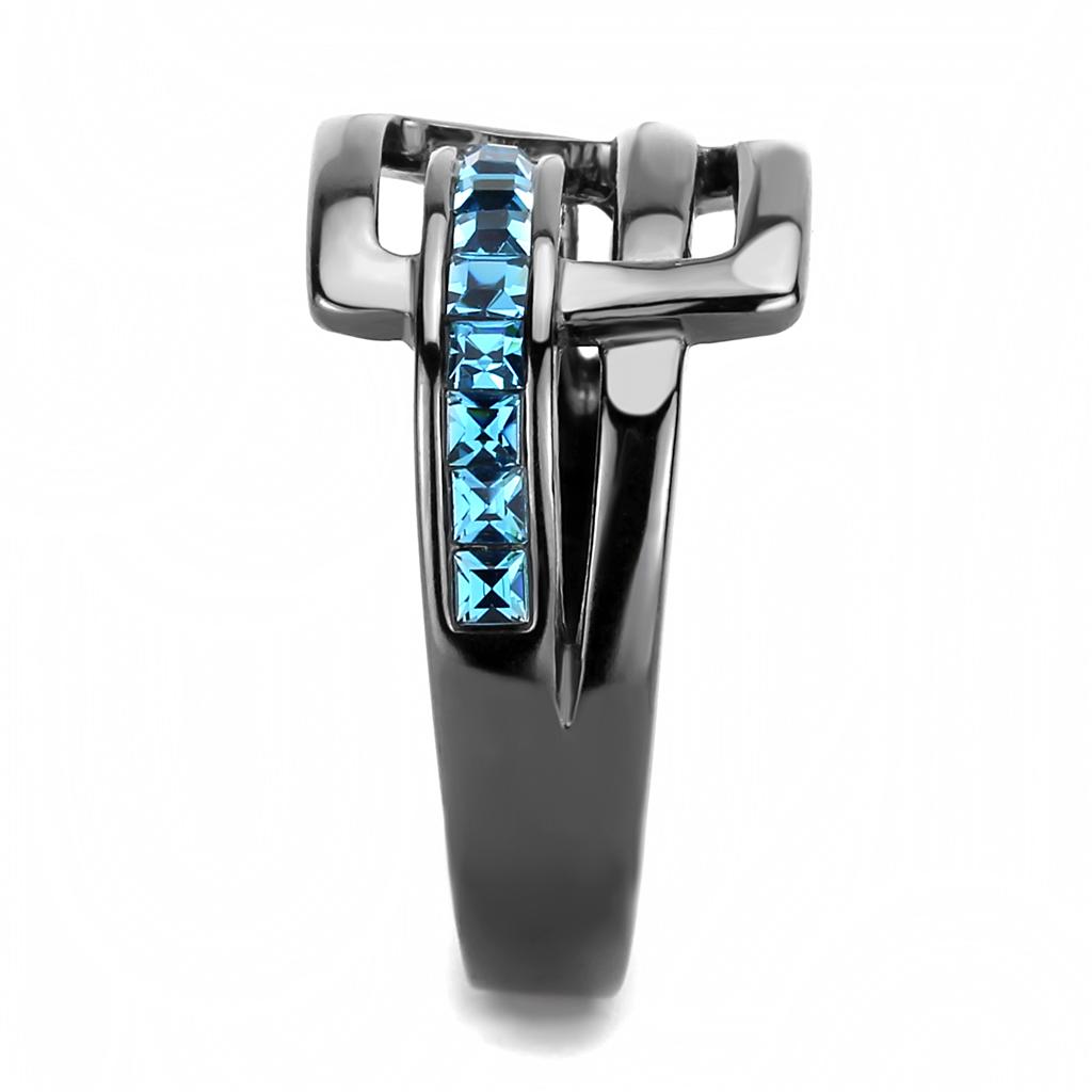 TK3451 - IP Light Black (IP Gun) Stainless Steel Ring with Top Grade Crystal in Sea Blue