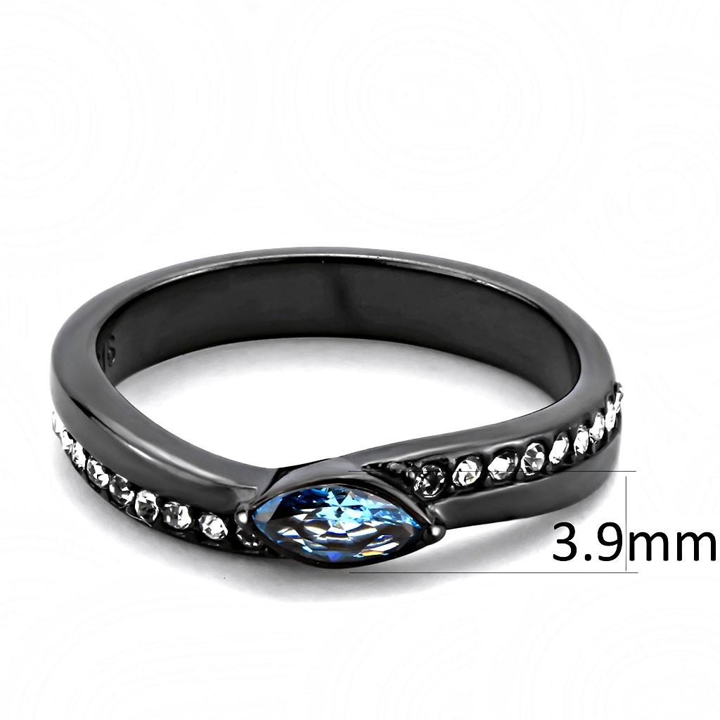 TK3511 - IP Light Black (IP Gun) Stainless Steel Ring with AAA Grade CZ in Sea Blue