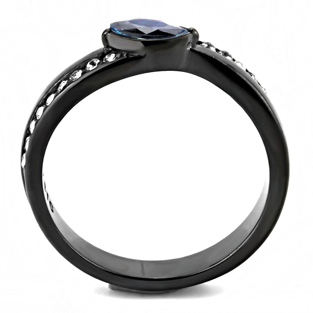 TK3511 - IP Light Black (IP Gun) Stainless Steel Ring with AAA Grade CZ in Sea Blue