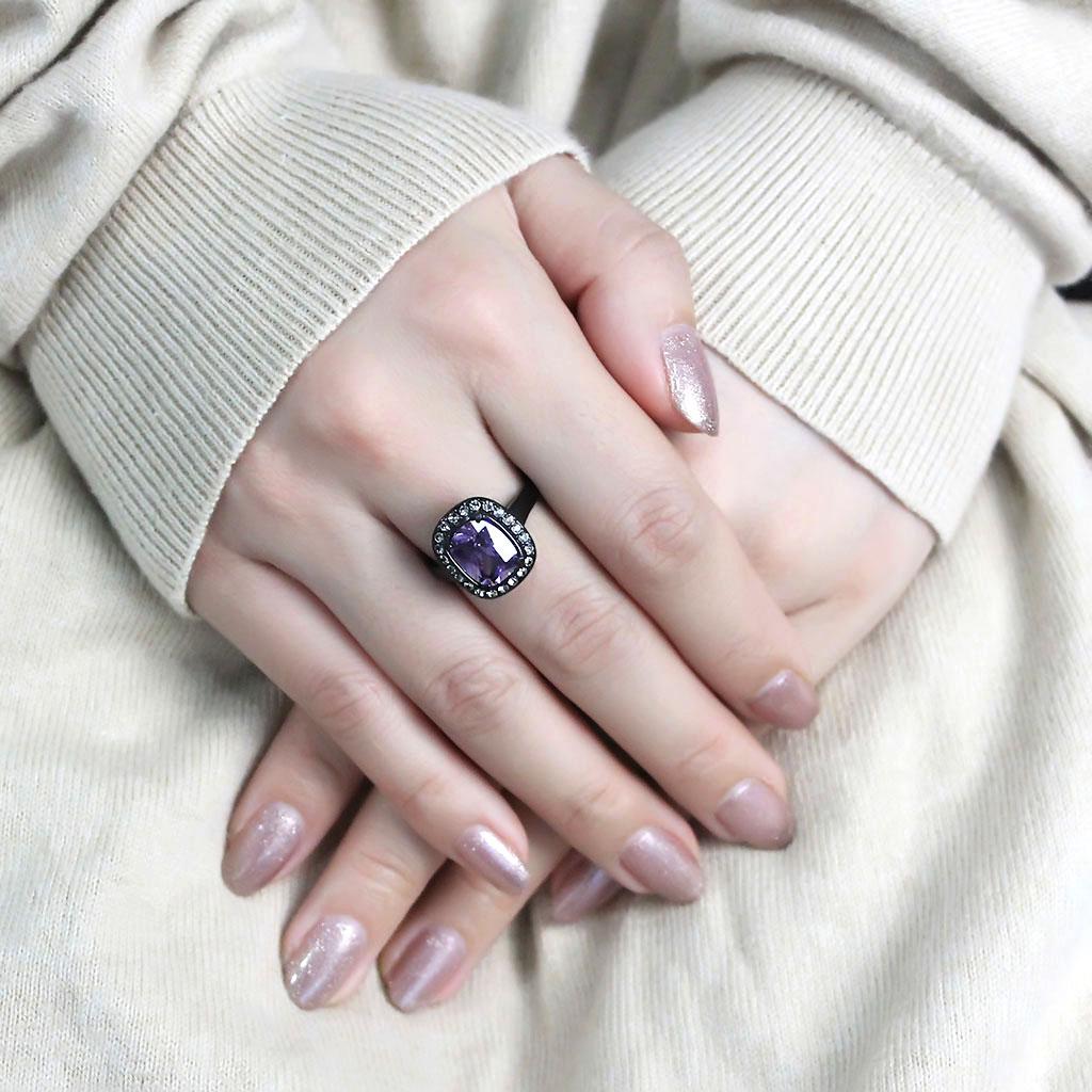 TK3512 - IP Black(Ion Plating) Stainless Steel Ring with AAA Grade CZ in Amethyst
