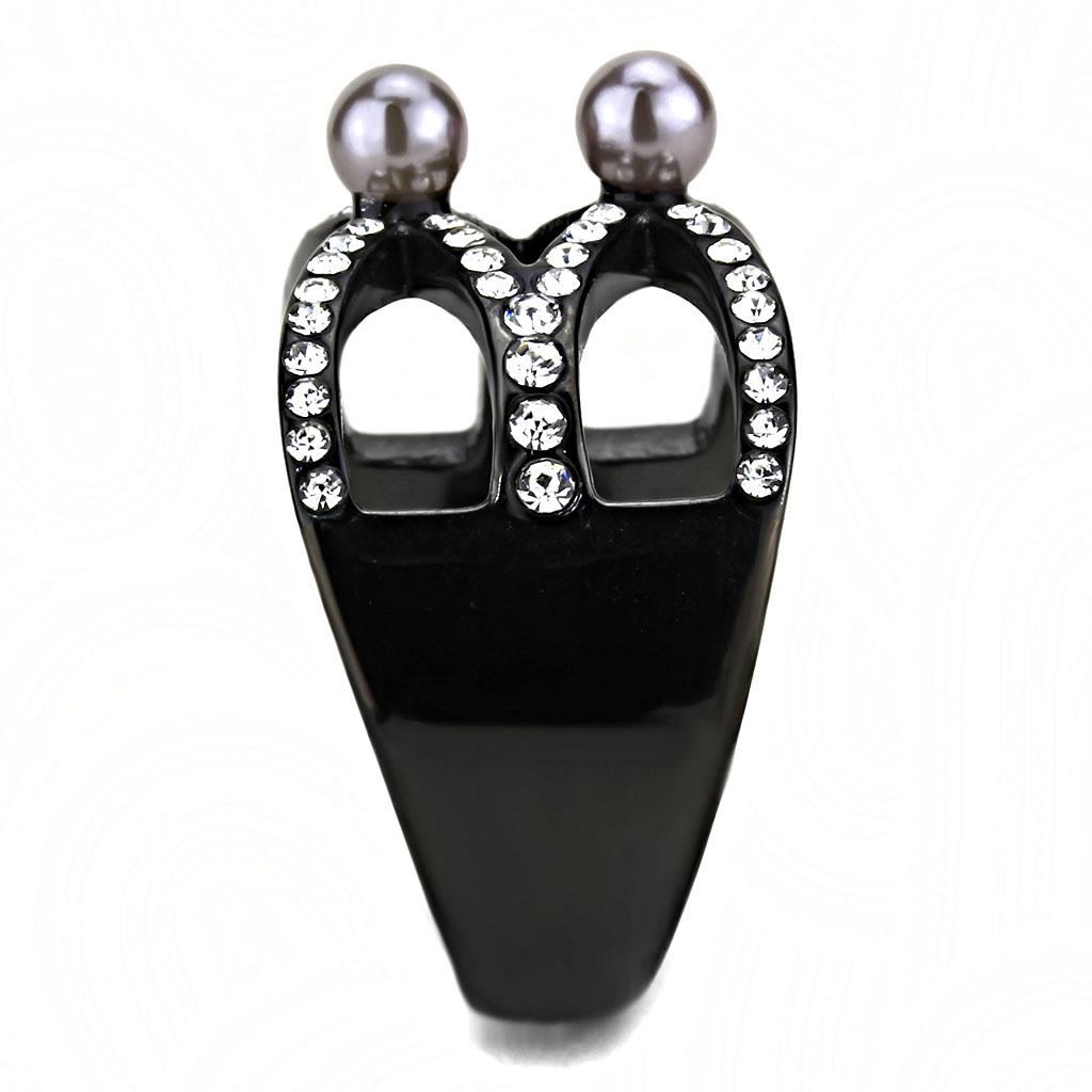TK3515 - IP Light Black (IP Gun) Stainless Steel Ring with Synthetic Pearl in Gray
