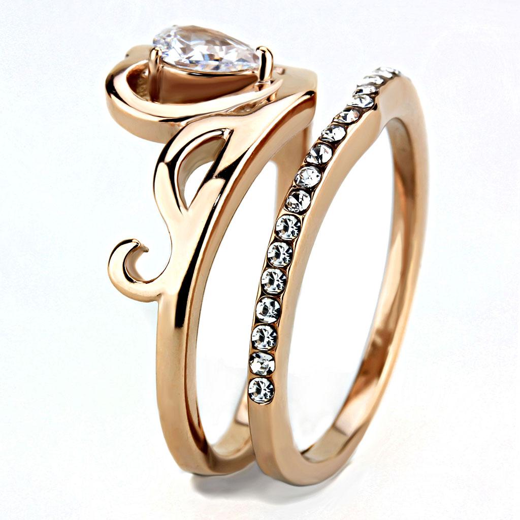 TK3518 - IP Rose Gold(Ion Plating) Stainless Steel Ring with AAA Grade CZ in Clear