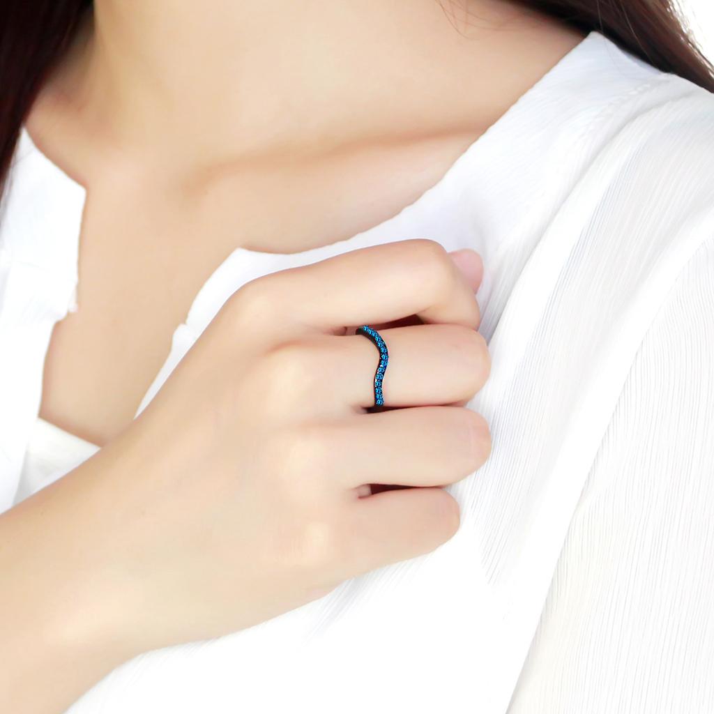 TK3557 - IP Black(Ion Plating) Stainless Steel Ring with Top Grade Crystal in Blue Zircon