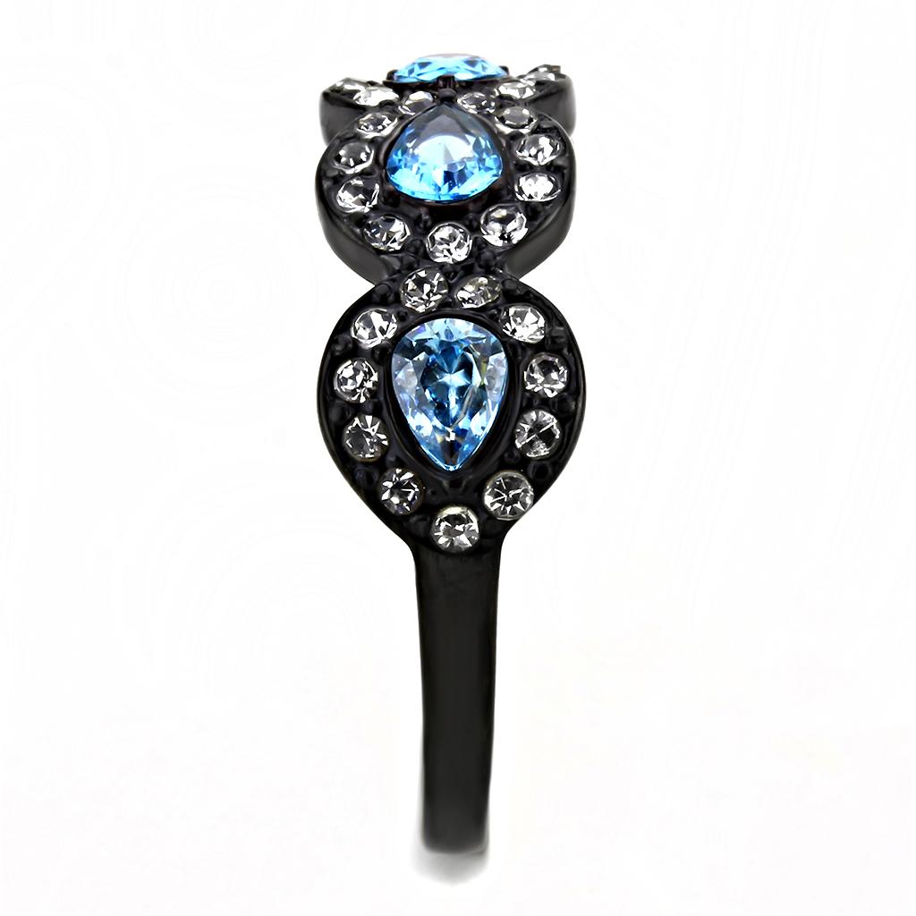 TK3559 - IP Black(Ion Plating) Stainless Steel Ring with AAA Grade CZ in Sea Blue