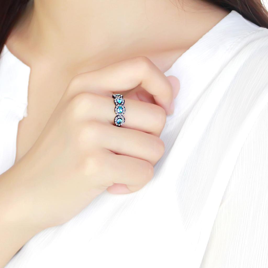 TK3559 - IP Black(Ion Plating) Stainless Steel Ring with AAA Grade CZ in Sea Blue