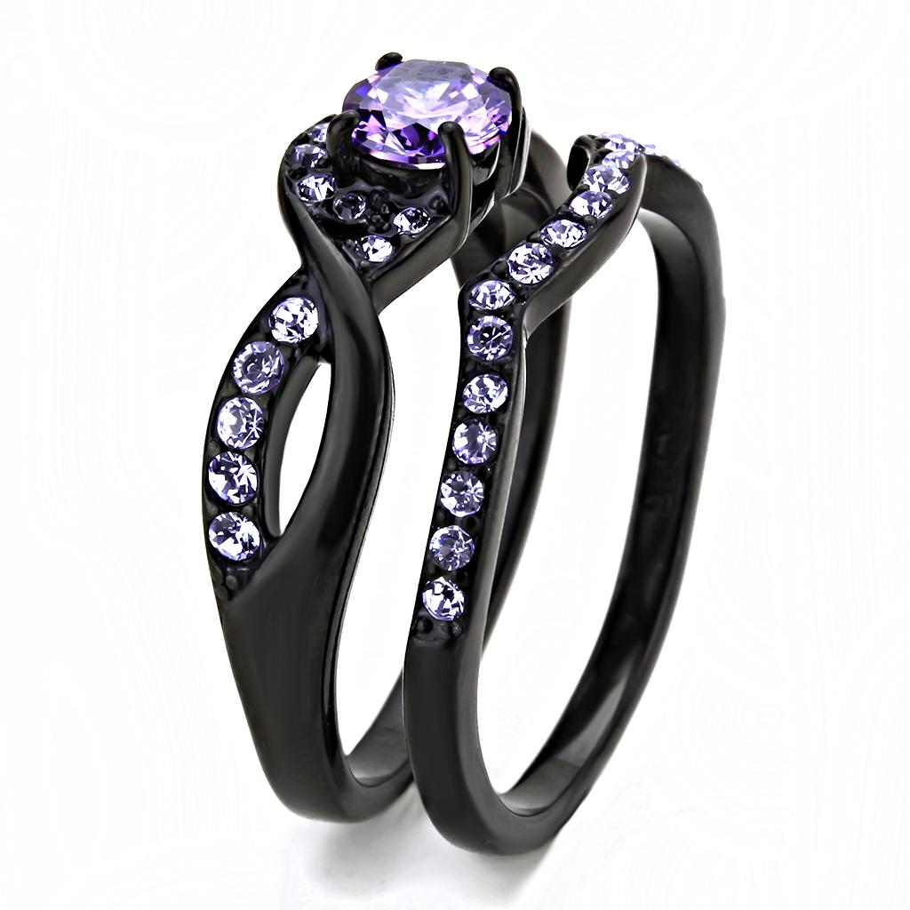 TK3560 - IP Black(Ion Plating) Stainless Steel Ring with AAA Grade CZ in Amethyst
