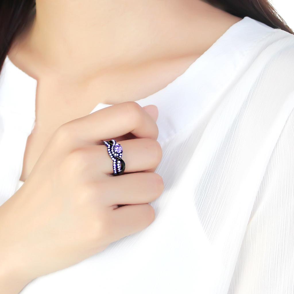 TK3560 - IP Black(Ion Plating) Stainless Steel Ring with AAA Grade CZ in Amethyst