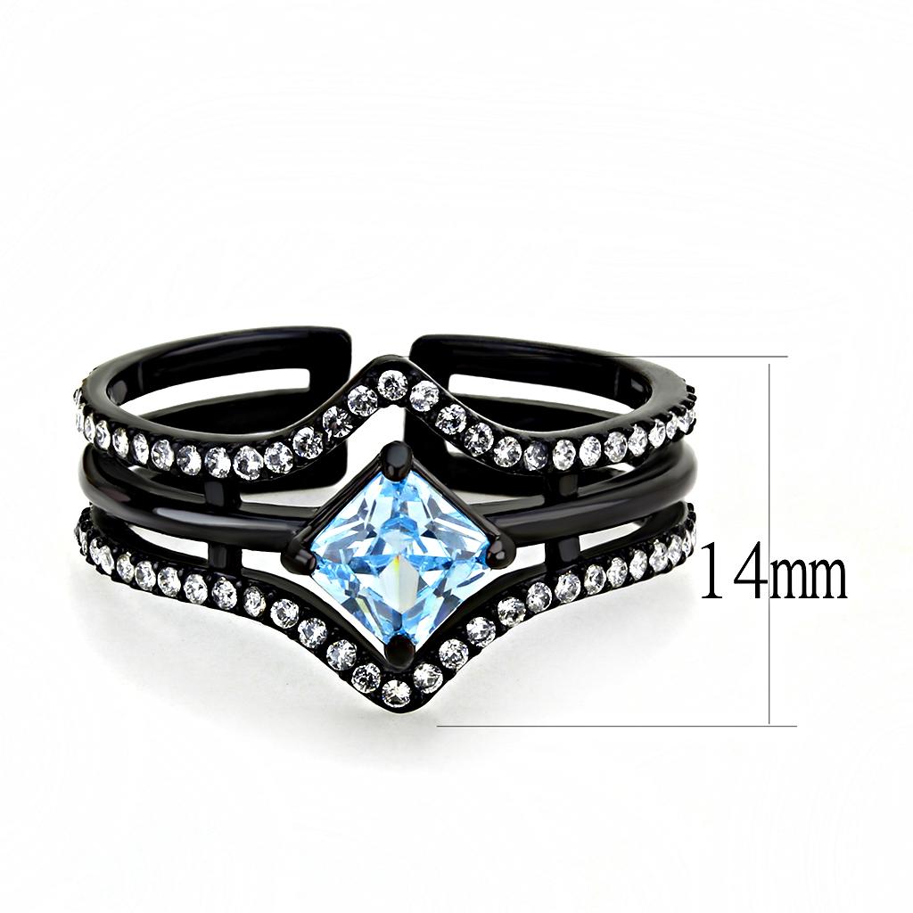 TK3562 - IP Black(Ion Plating) Stainless Steel Ring with AAA Grade CZ in Sea Blue