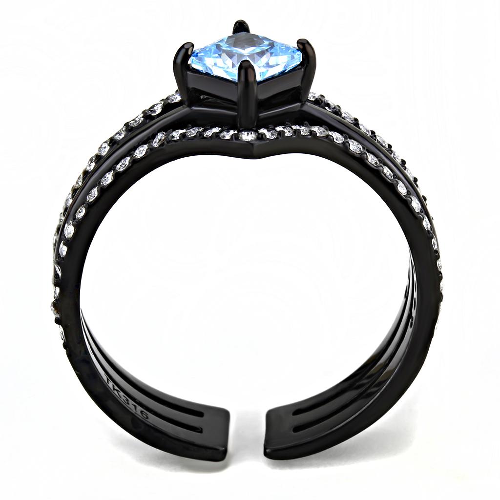 TK3562 - IP Black(Ion Plating) Stainless Steel Ring with AAA Grade CZ in Sea Blue